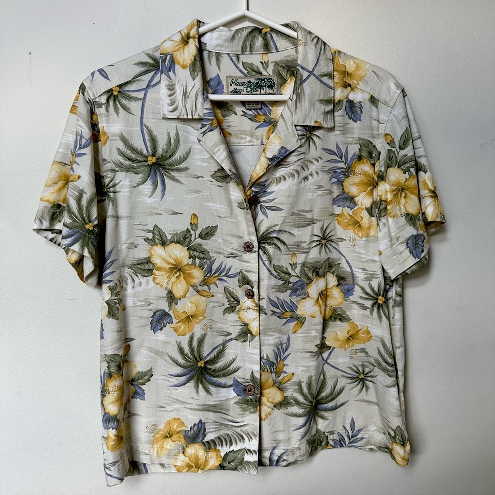 Vintage Havana Jacks Cafe Beige nice green Floral Button Up Shirt Top